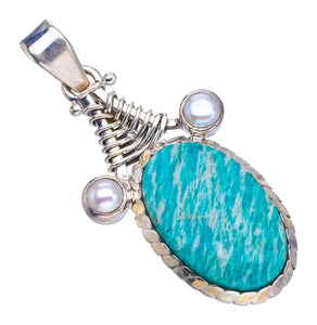 StarGems® Natural Amazonite and River Pearl Boho Style 925 Sterling Silver Pendant 2" S0304