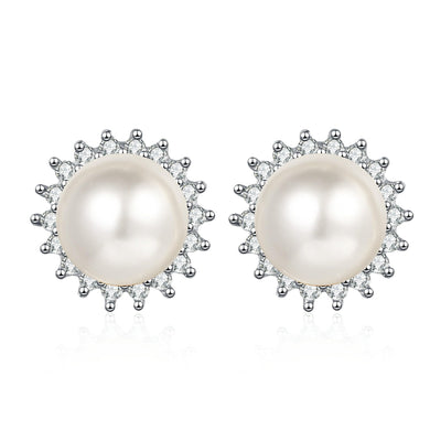 StarGems® 7mm AAAA Pearls&Sunflower 0.21cttw Moissanite 925 Silver Platinum Plated Stud Earrings EX078