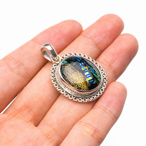 StarGems® Natural Rainbow Dichroic Glass Handmade 925 Sterling Silver Pendant 1.5" D6432