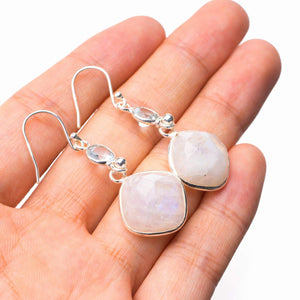 StarGems® Natural Rainbow Moonstone And Blue Topaz Handmade 925 Sterling Silver Earrings 1.75" D7701