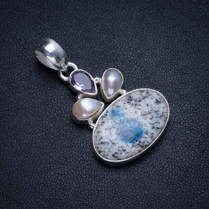 StarGems  Natural K2 Azurite,River Pearl and Amethyst Vintage 925 Sterling Silver Pendant 1 1/2" T1290