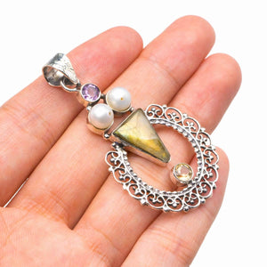 StarGems  Natural Blue Fire Labradorite,River Pearl,Amethyst And Citrine Handmade 925 Sterling Silver Pendant 2.25" D2271