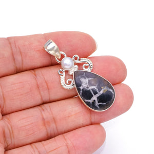 StarGems  Natural Septarian Geode and River Pearl Boho Style 925 Sterling Silver Pendant 2" S0428