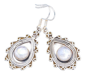 StarGems  Natural Rainbow Moonstone Handmade Boho 925 Sterling Silver Earrings 1 3/4" S1734