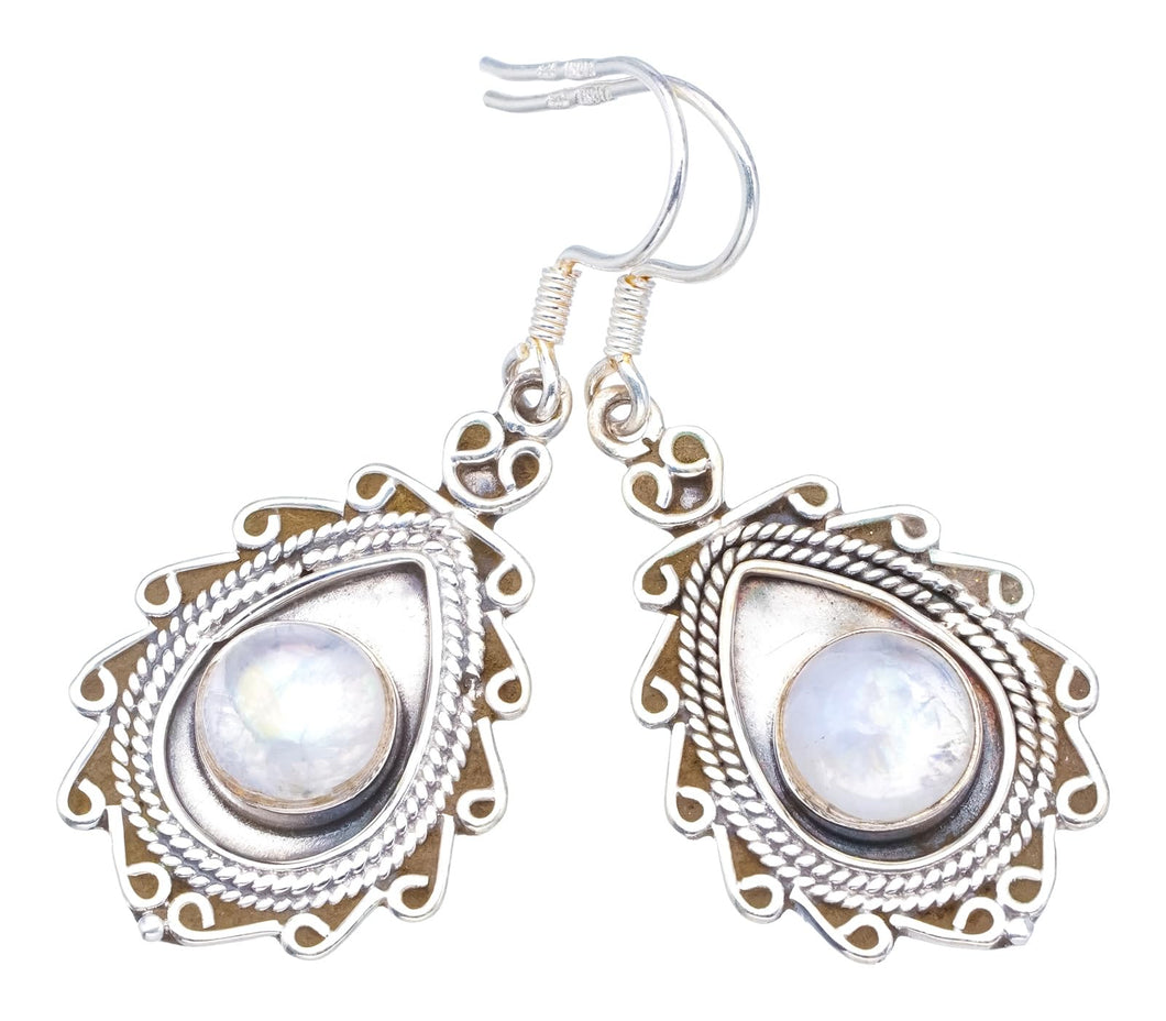 StarGems  Natural Rainbow Moonstone Handmade Boho 925 Sterling Silver Earrings 1 3/4