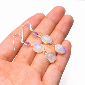 StarGems  Natural Rainbow Moonstone And Amethyst Handmade 925 Sterling Silver Earrings 2" D7254