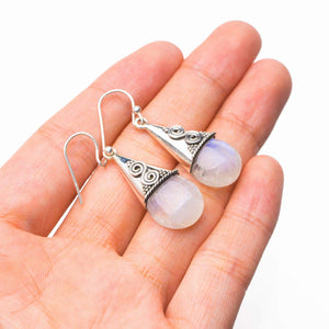 StarGems® Natural Rainbow Moonstone Handmade 925 Sterling Silver Earrings 1.5" D7237