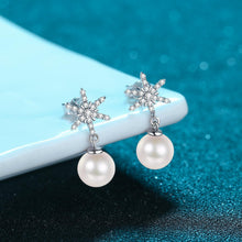 StarGems® 8mm AAAA Pearls& Snowflake 0.246cttw Moissanite 925 Silver Platinum Plated Stud Earrings EX059