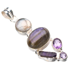 StarGems  Natural Blue Fire Labradorite And Amethyst Handmade 925 Sterling Silver Pendant 2" D9872