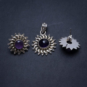 StarGems  Natural Amethyst Handmade Unique 925 Sterling Silver Jewelry Set, Earrings Stud:3/4" Pendant:1 1/4" T8878