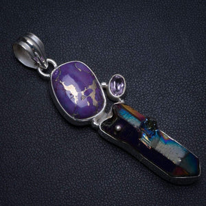 StarGems® Natural Rainbow Dichroic Glass,Copper Turquoise and Amethyst Boho 925 Sterling Silver Pendant 2 1/4" T0054