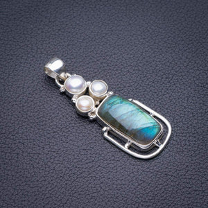 StarGems  Natural Blue Fire Labradorite And River Pearl Handmade 925 Sterling Silver Pendant 1.75" D5659