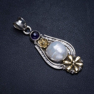 StarGems  Natural Two Tones River Pearl and Amethyst Handmade Mexican Flower Shape 925 Sterling Silver Pendant 2" T1106