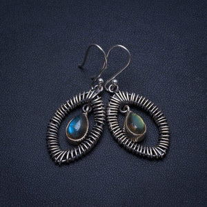 StarGems  Natural Blue Fire Labradorite Handmade Eye Shape 925 Sterling Silver Earrings 1 3/4" T4150