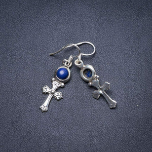 StarGems  Natural Lapis Lazuli Handmade Unique Cross Shape 925 Sterling Silver Earrings 1.5" Y3000