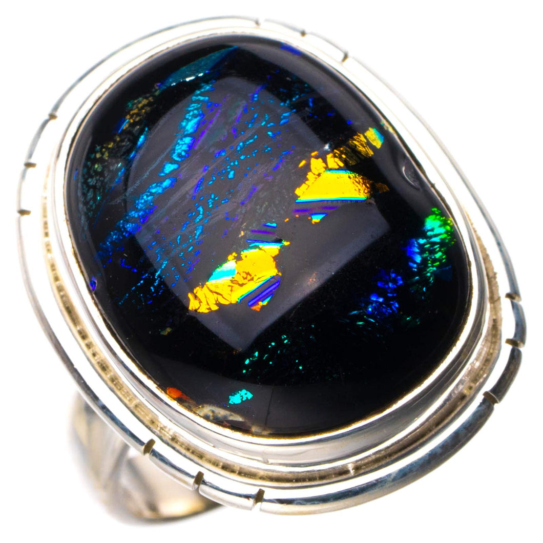 StarGems® Natural Rainbow Dichroic Glass Handmade 925 Sterling Silver Ring 6 D7966