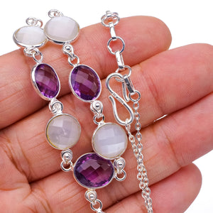 StarGems® Natural Cat Eye and Amethyst Handmade Boho 925 Sterling Silver Y-Shaped Necklace 17.75" S3405