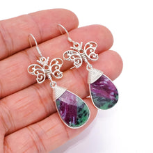 StarGems  Natural Ruby Zoisite Butterfly Handmade Vintage 925 Sterling Silver Earrings 2 1/4" S1815