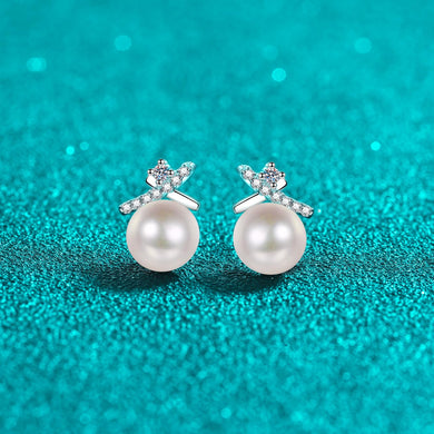 StarGems  7mmAAAA Pearls&Cross Design 0.1cttw Moissanite 925 Silver Platinum Plated Stud Earrings EX075