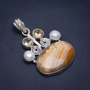 StarGems® Natural Picture Jasper,River Pearl and Citrine Handmade Unique 925 Sterling Silver Pendant 1.5" B3052