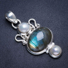 StarGems® Natural Blue Fire Labradorite and River Pearl Handmade Unique 925 Sterling Silver Pendant 1.75" Y5238