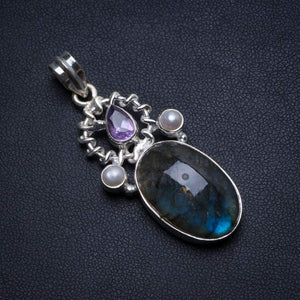 StarGems  Natural Labradorite,Amethyst and River Pearl Handmade Boho 925 Sterling Silver Pendant 2" T2334