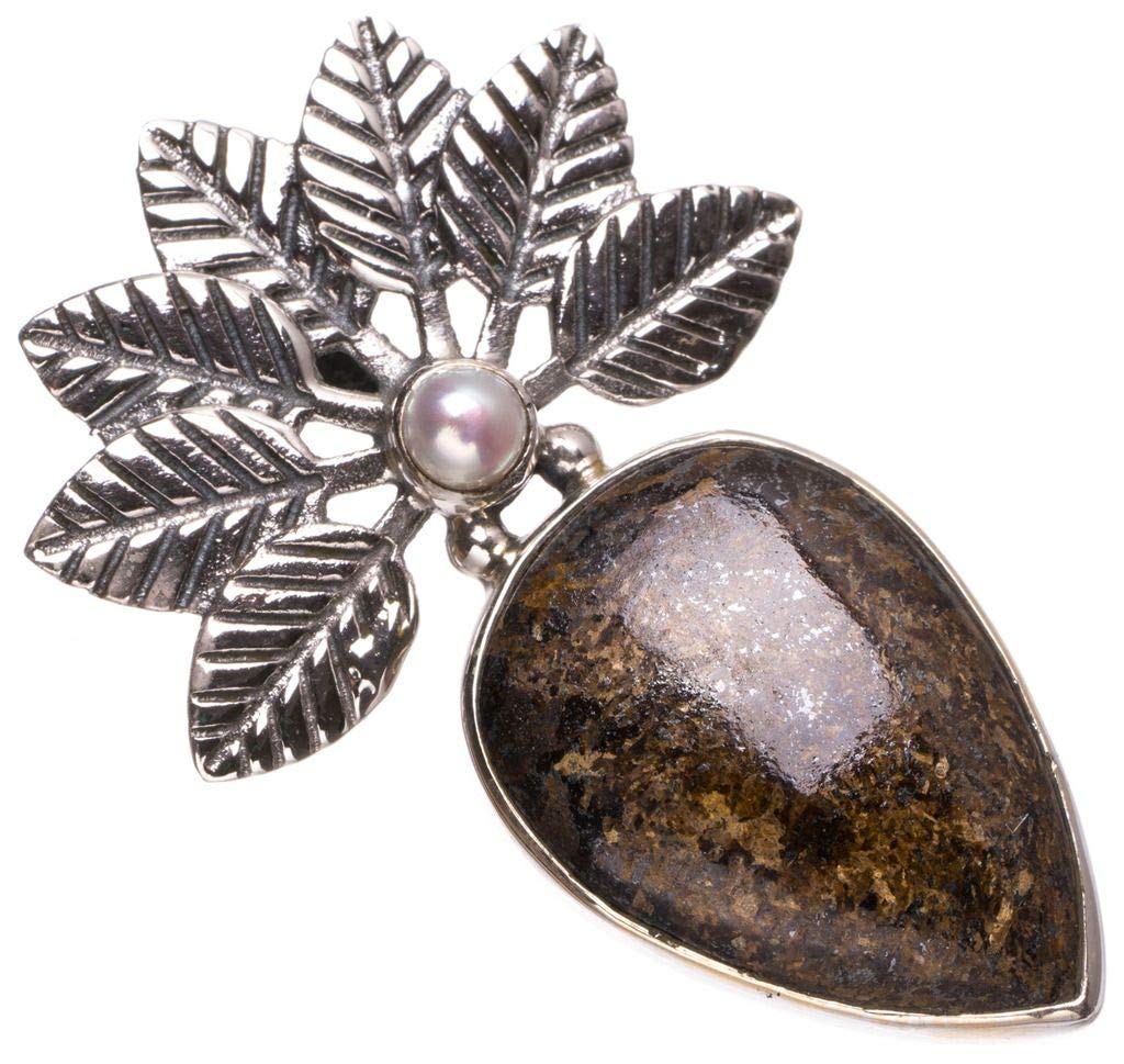 StarGems  Natural Bronzite and River Pearl Handmade 925 Sterling Silver Pendant 1 3/4