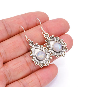 StarGems  Natural Rainbow Moonstone Handmade Boho 925 Sterling Silver Earrings 1 3/4" S1734