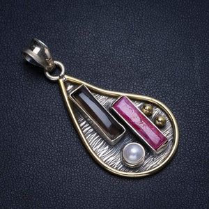 StarGems® Natural Two Tones Cherry Ruby,River Pearl and Smoky Quartz Boho 925 Sterling Silver Pendant 2" T1219