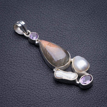 StarGems  Natural Blue Fire Labradorite,Biwa Pearl And Amethyst Handmade 925 Sterling Silver Pendant 2.25" D1991