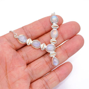 StarGems® Natural Rainbow Moonstone Handmade Boho 925 Sterling Silver Y-Shaped Necklace 18.75" S3423