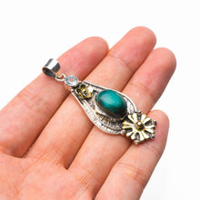 StarGems  Natural Two Tones Malachite And Blue Topaz Flower Handmade 925 Sterling Silver Pendant 2" D6207