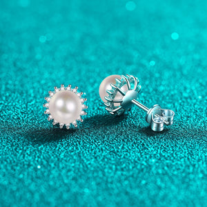 StarGems® 7mm AAAA Pearls&Sunflower 0.21cttw Moissanite 925 Silver Platinum Plated Stud Earrings EX078