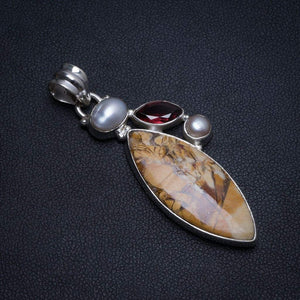 StarGems® Natural Brecciated Mookaite,Garnet and River Pearl Unique 925 Sterling Silver Pendant 2" T0348