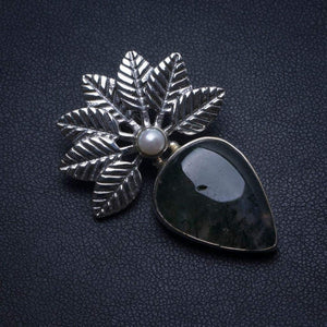 Natural Moss Agate and River Pearl Handmade Leaf Shape 925 Sterling Silver Pendant 1 1/2" T1952