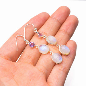 StarGems  Natural Rainbow Moonstone And Amethyst Handmade 925 Sterling Silver Earrings 2" D7256