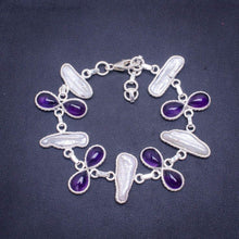 StarGems  Natural Biwa Pearl and Amethyst Handmade Unique 925 Sterling Silver Bracelet 6.5-7.75" A3021