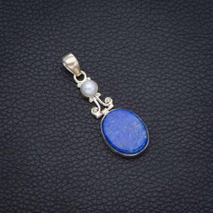 StarGems® Natural Lapis Lazuli and River Pearl Handmade Unique 925 Sterling Silver Pendant 2" S0723