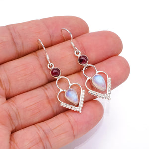 StarGems  Natural Rainbow Moonstone and Amethyst Handmade Unique Heart Shape 925 Sterling Silver Earrings 1 1/2" S1568