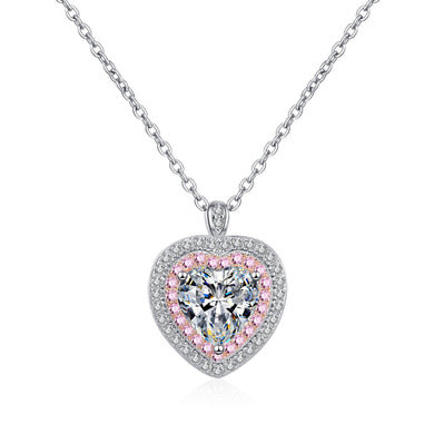 StarGems® Double-Layer Heart-Shape Pink 1ct Moissanite 925 Silver Platinum Plated Necklace 40+5cm NX031