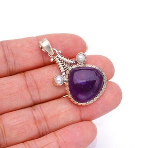 StarGems® Natural Amethyst and River Pearl Boho Style 925 Sterling Silver Pendant 1 3/4" S0449