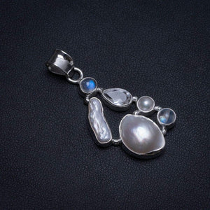 StarGems  Natural River Pearl,Biwa Pearl,White Topaz and Moonstone 925 Silver Pendant 1 3/4" T0530