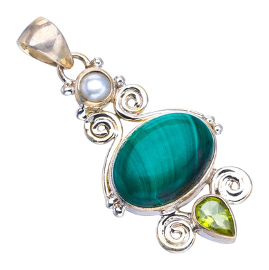 StarGems® Natural Malachite,Peridot and River Pearl Boho Style 925 Sterling Silver Pendant 1 3/4