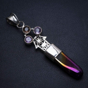 StarGems® Natural Rainbow Dichroic Glass and Amethyst Unique 925 Sterling Silver Pendant 2 1/2" T0068