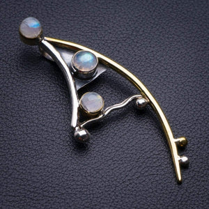 StarGems  Natural Two Tones 18K Gold Plated Rainbow Moonstone Sail Handmade 925 Sterling Silver Pendant 2.75" D1912