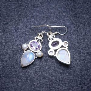 StarGems  Natural Rainbow Moonstone,Amethyst River Pearl Handmade Unique 925 Sterling Silver Earrings 1.75" X4497