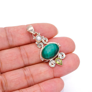 StarGems® Natural Malachite,Peridot and River Pearl Boho Style 925 Sterling Silver Pendant 1 3/4" S0365