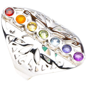 StarGems Natural Garnet,Carnelian,Blue Topaz And Amethyst Tree Chakras Handmade 925 Sterling Silver Ring 7 A4598