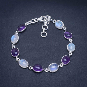 StarGems  Natural Rainbow Moonstone and Amethyst Handmade Unique 925 Sterling Silver Bracelet 7-8" B4358