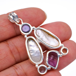 StarGems  Natural Biwa Pearl,Amethyst,Blue Topaz,Citrine and River Pearl 925Sterling Silver Pendant 2" S0289